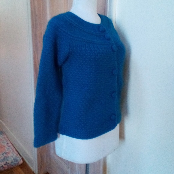SUTTON CASHMERE 70% Wool 30% Cashmere Thick Blue Crewneck Cardigan - Size S - Picture 5 of 10